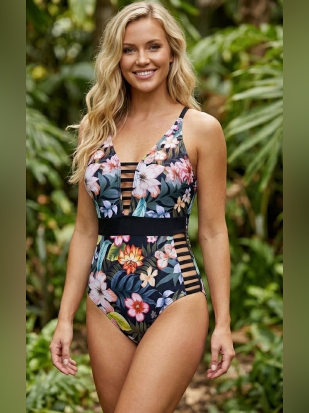 Tropical Floral Cut Out One Piece Swimsuit Size [M]